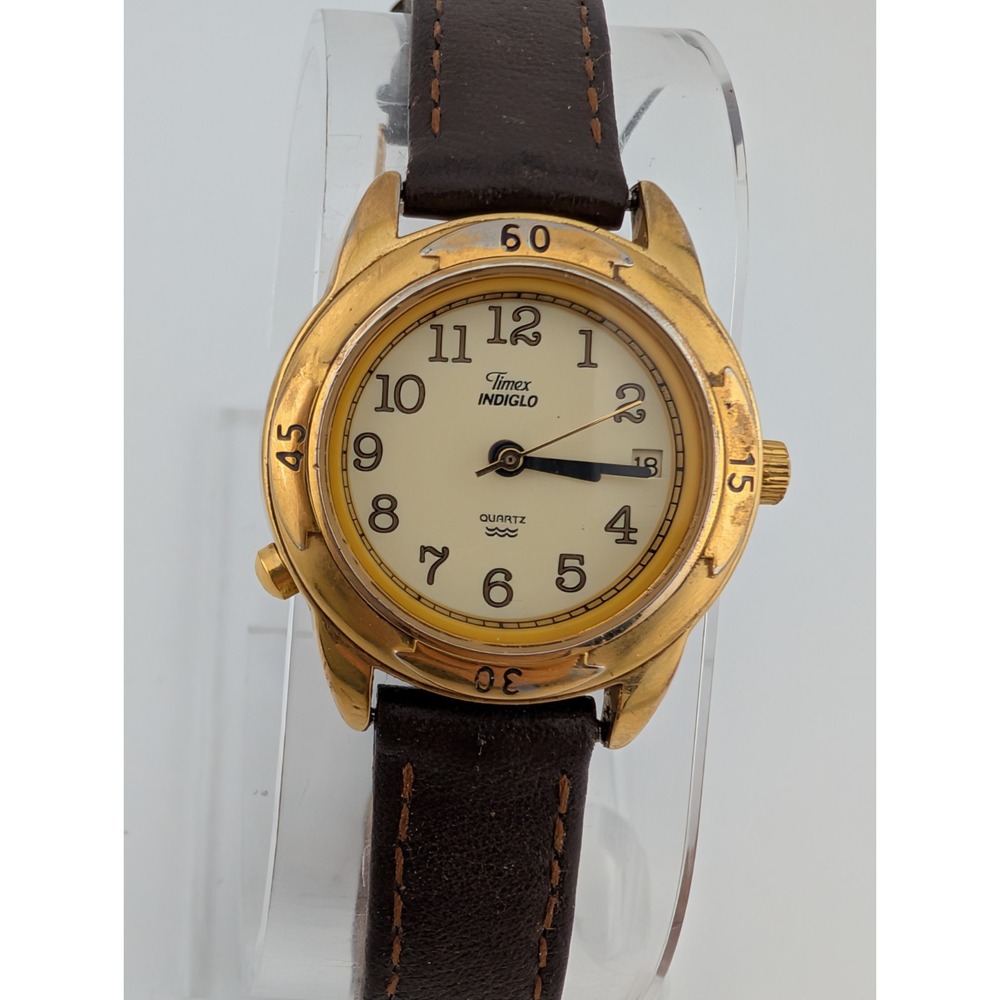 Vintage Timex Indiglo Watch Women 27mm Gold‎ Case Leather Band- New Battery